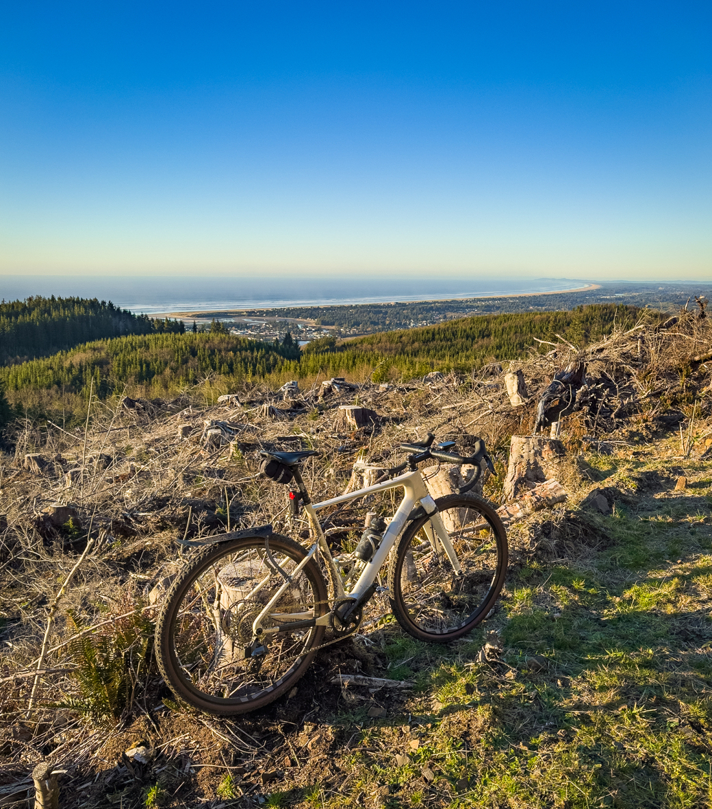 A gravel bike parked on a hillside overlooking a clearcut and the ocean.