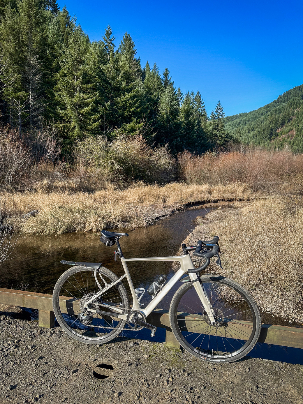 Photograph of a gravel bicycle on a bridge railing, over a stream in a forested area