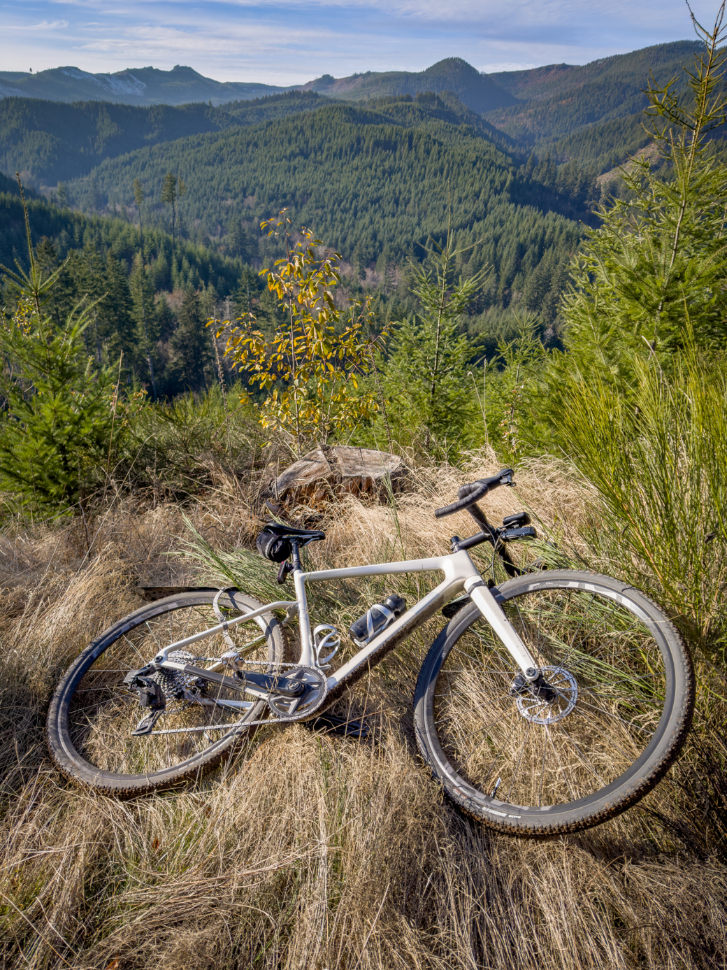 Photograph of gravel bike lying on the ground in the foreground. The background is a scenic vista of mountainous forested landscape