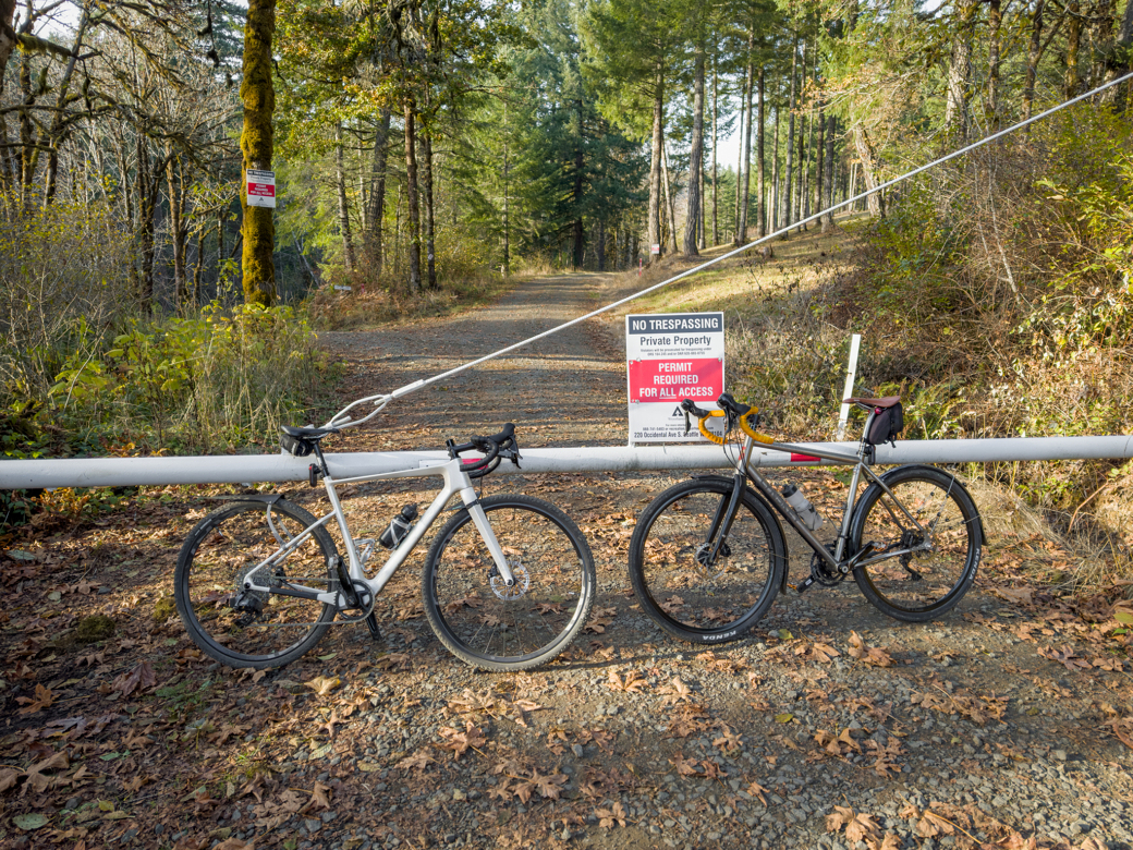 Photograph of two gravel bicycles on a gravel road. The bikes are leaning against a closed logging gate with a "No trespassing" sign